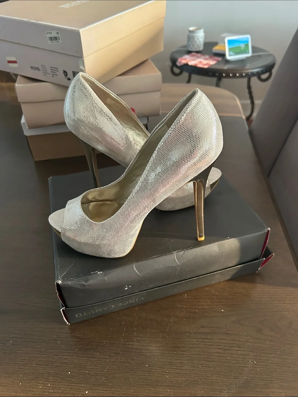 Carlos Santana Silver Metallic Peep-Toe Stilettos